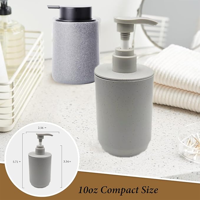 LGURT 4-Piece Light Gray Plastic Bathroom Organizer Set, with Lotion Soap Dispenser, Tumbler, Cotton Swab Cup & Vanity Tray (7.87" × 2.56") – Bathroom Decor for Apartment, Dorm & Guest Bath