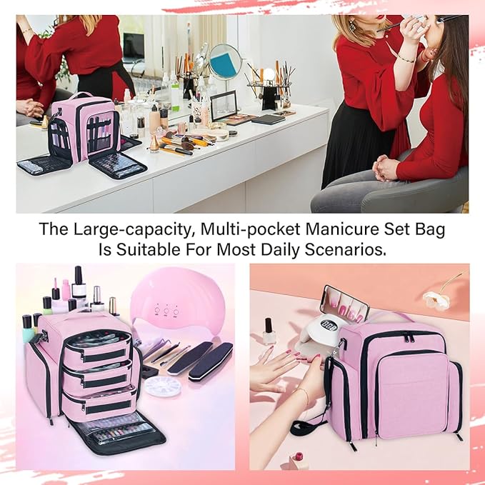 UOZL Nail Polish Organizer Case Hold 90 Bottles with 3 Detachable Bag,Pink