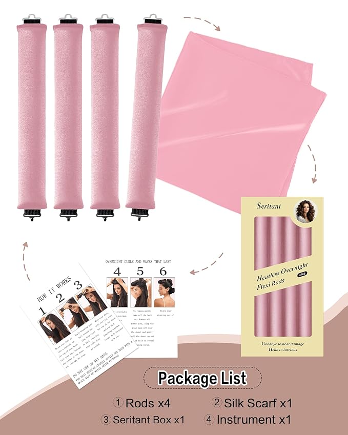 Seritant Heatless Curls Overnight with Satin Head Scarf, Velvet Hair Rollers for Blowout Look, No Heat Curling Rod for Long Thick Hair, Soft Sleep In Flexi Rods - 4PCS(3)