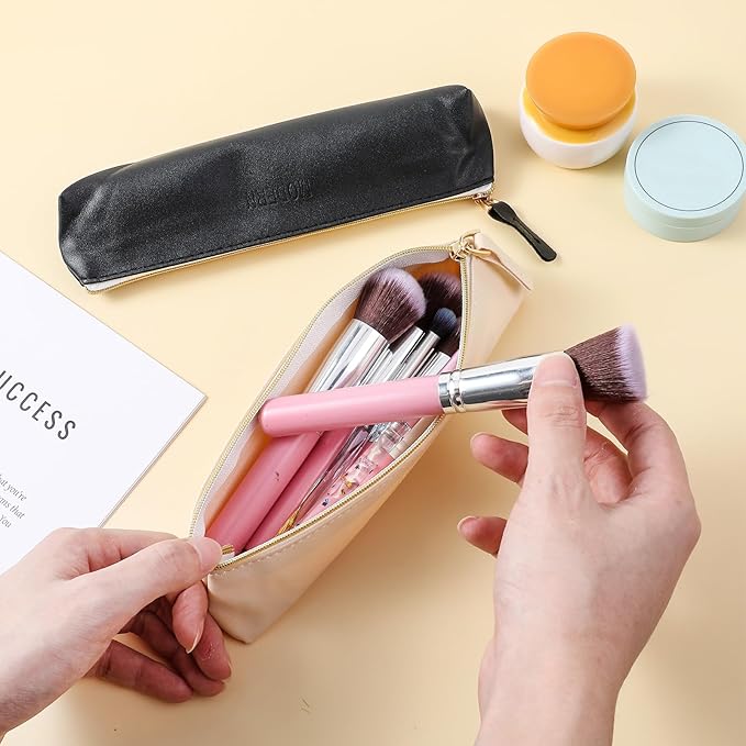 Tucnoeu 2pcs Mini Cosmetic Bag for Purse, 7.87 x 2.55inch Small Leather Pouch Make Up Bag with Zipper Portable Small Cosmetic Organizer for Women and Girls, Black Beige