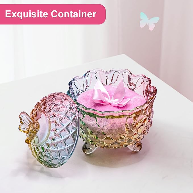 Qopoto 5 Pieces Large Body Powder Puff and Powder Container, Crystal Case for Dust Puff, Powder applicator with Box for Face and Body (Color, Butterfly)