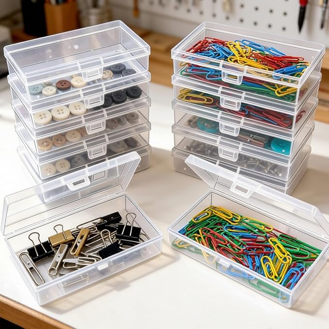 12 Pack Rectangular Clear Plastic Storage Containers Box with Hinged Lid for Beads and Other Small Craft Items (5.3 x 3.1 x 1.18 inch)
