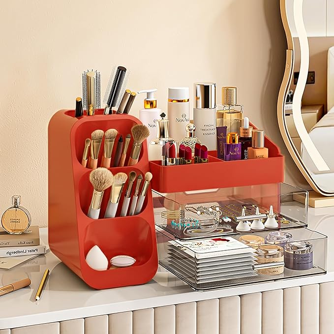 Booklov Large Makeup Organizer for Vanity Countertop, Red