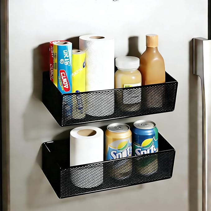 Magnetic Basket Organizer Holder for Fridge，Magnetic Shelf for Washing Machine， Magnetic Mesh Basket, White Rectangular Steel Shelf Organizer, 10.43 x 4.92 x 3.15 Inches (White, 1 pack)
