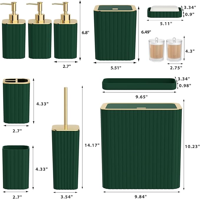 InnJoey Bathroom Accessory Set - Bathroom Set, 12PC Bathroom Accessories Set, Dark Green Bathroom Accessories Set, Mini Trash Can, Toilet Brush, Trash Can & Soap Dispenser