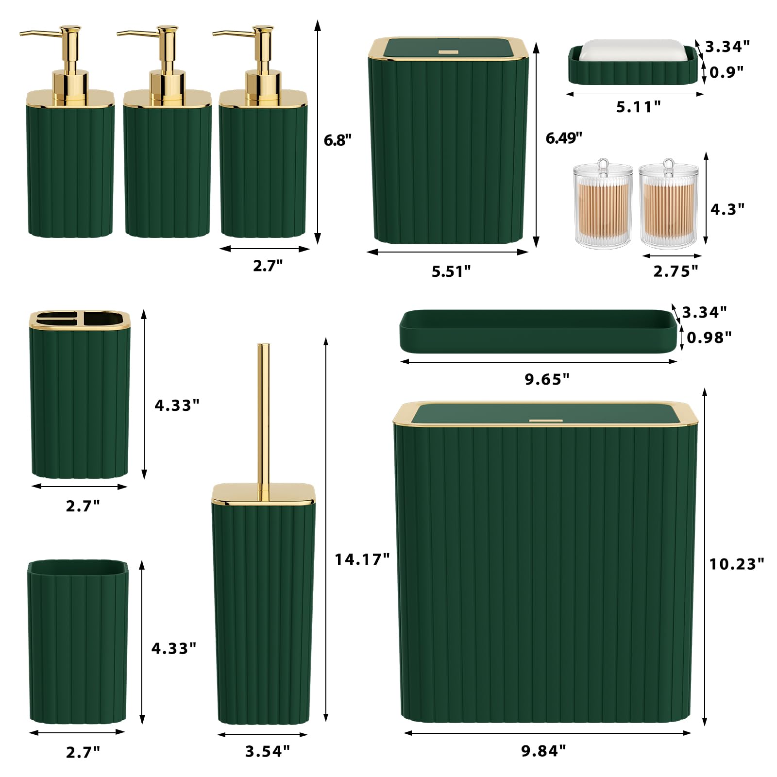 InnJoey Bathroom Accessory Set - Bathroom Set, 12PC Bathroom Accessories Set, Dark Green Bathroom Accessories Set, Mini Trash Can, Toilet Brush, Trash Can & Soap Dispenser