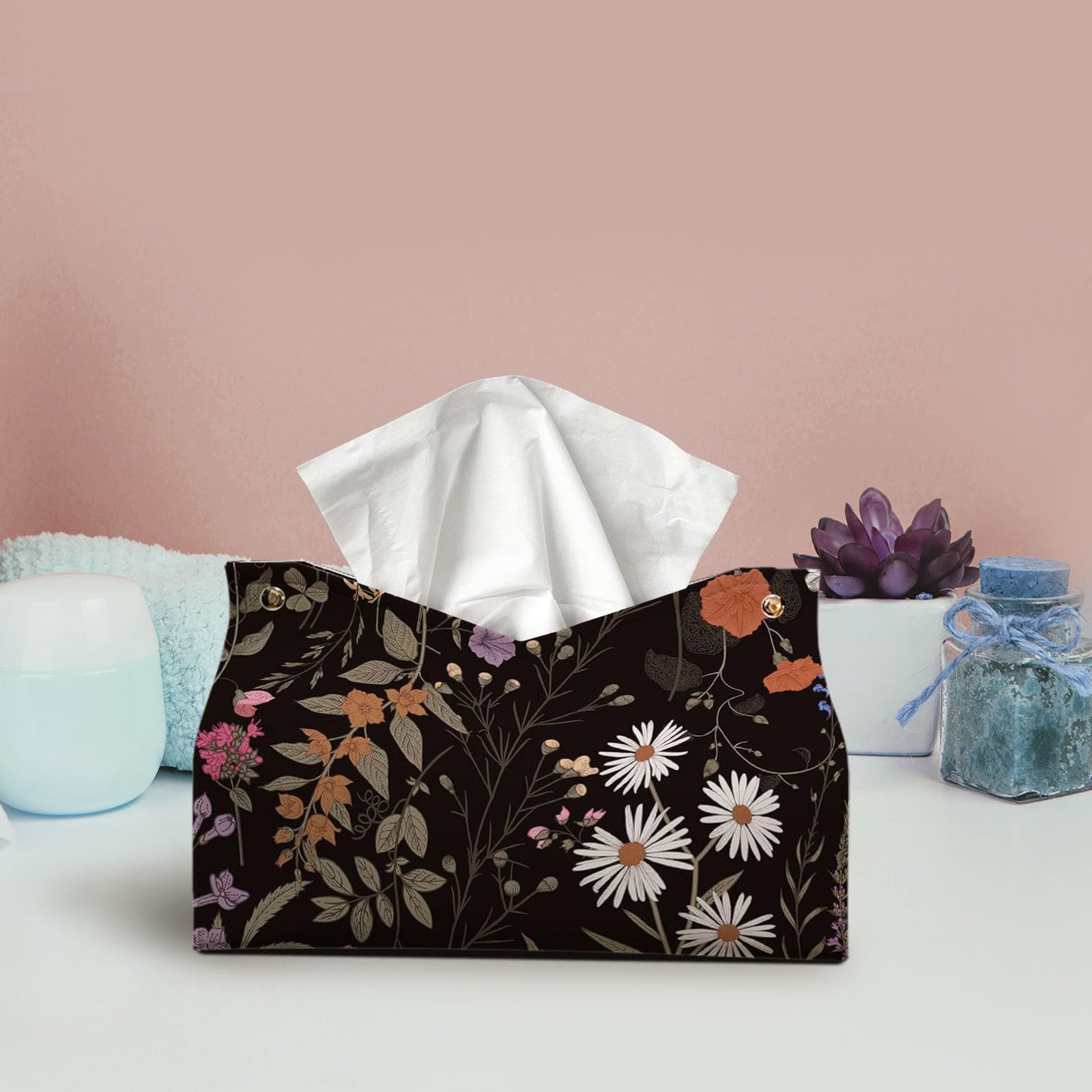 Black Flroal Rectangle Tissue Box Cover Holder 9.8x5.9x5.9