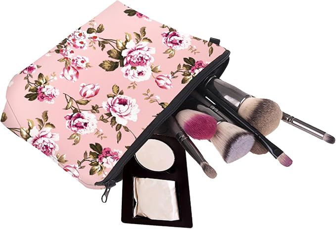 Aiphamy Cute Travel Makeup Bag Cosmetic Bag Small Pouch Gift for Women (Flowers Blush Pink)