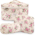 GISMTR 3Pcs Cotton Quilted Makeup Bag Large Travel Cosmetic Bag Coquette Makeup Pouch Cute Aesthetic Floral Toiletry Bag for Women Girls (flower-M)