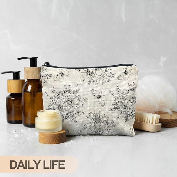 RYYCDOI Vintage Boho Floral Butterfly Makeup Bag, Chinoiserie Black and White Cosmetic Bags for Women, Cottagecore Botanical Butterfly Zipper Makeup Pouch
