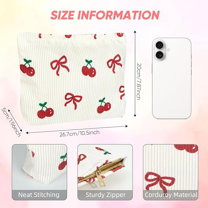 Ksriylm Cute Makeup Pouch for Women Bow Cherry Small Make Up Bag for Purse Zipper Initial Cosmetic Bags Pouches for Purse Aesthetic Travel Toiletrybags,Red Cherries Bows