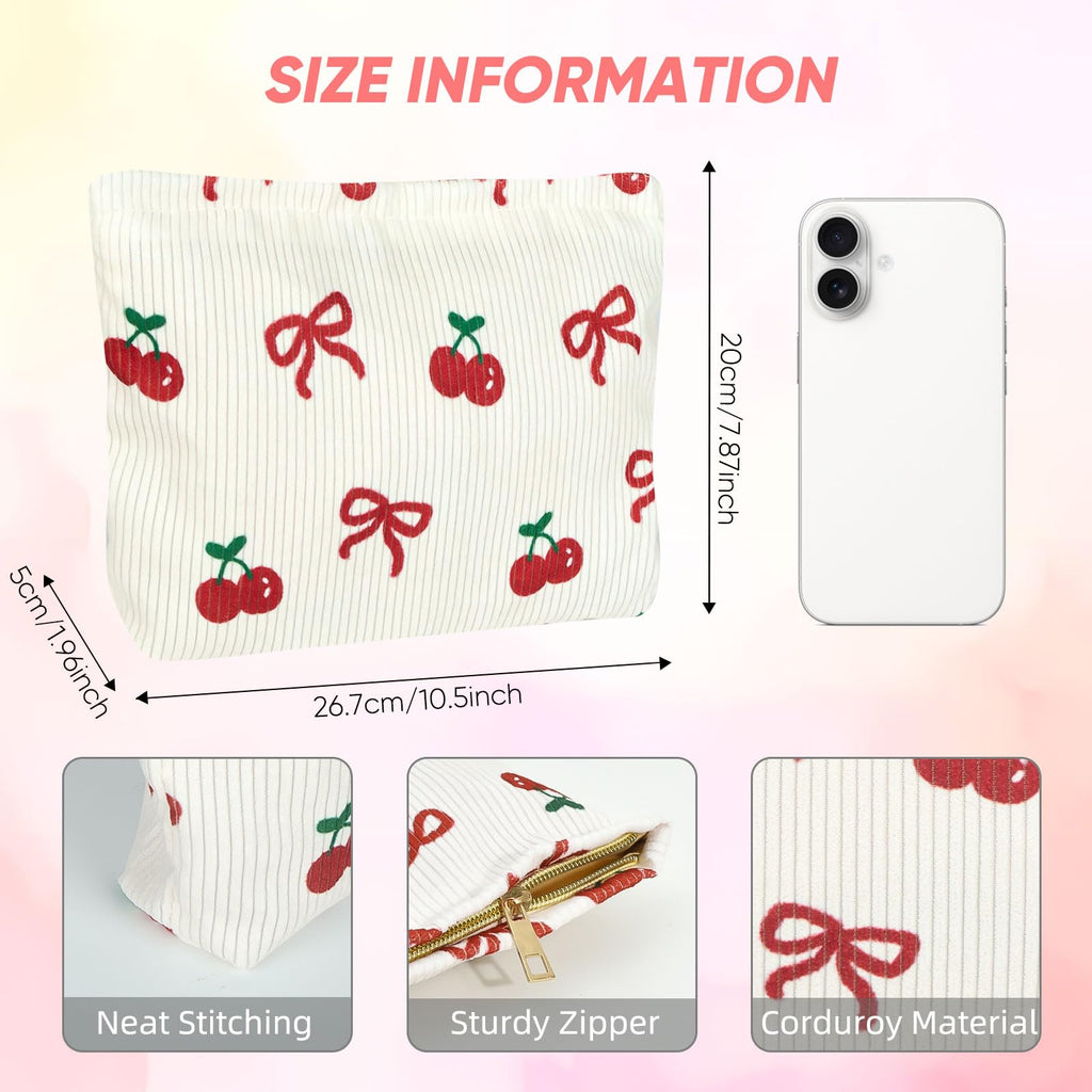 Ksriylm Cute Makeup Pouch for Women Bow Cherry Small Make Up Bag for Purse Zipper Initial Cosmetic Bags Pouches for Purse Aesthetic Travel Toiletrybags,Red Cherries Bows