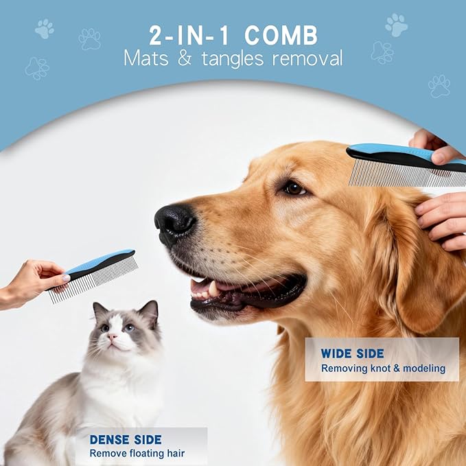 GOESWELL Pet Deshedding Brush - Undercoat Rake for Dogs & Cats - Double Sided Brush for Shedding and Dematting Comb Grooming Tool kit - Nail Clippers & Nail File (Blue(Rake +Comb))
