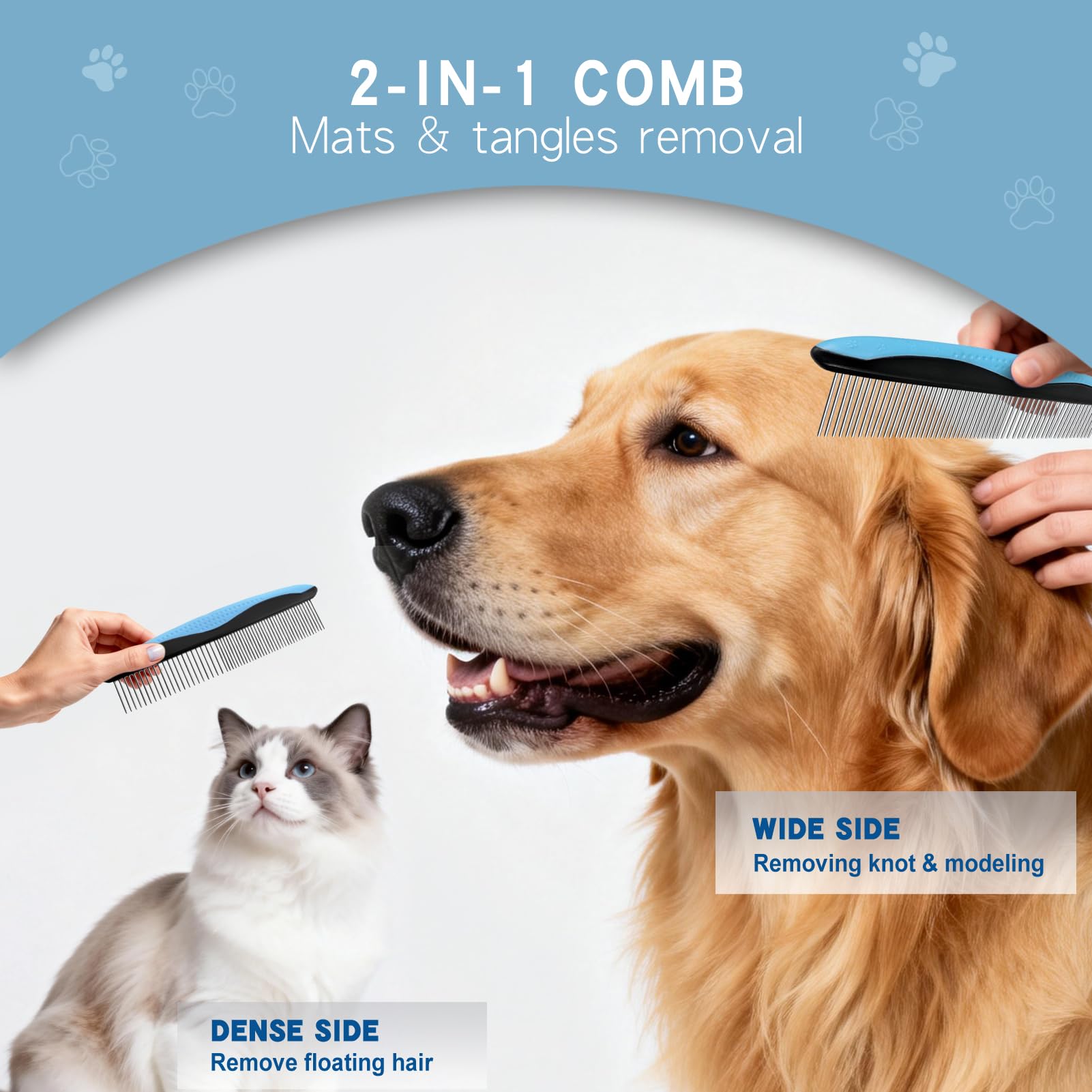 GOESWELL Pet Deshedding Brush - Undercoat Rake for Dogs & Cats - Double Sided Brush for Shedding and Dematting Comb for Dogs Grooming Tool kit - (Blue(Rake +Comb))