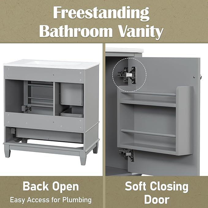 Harper & Bright Designs 30" Bathroom Vanity with Sink, Free Standing Single Vanity Set with 3 Drawers and One Door with Storage Racks, Solid Wood Storage Cabinet with Ceramic Basin for Bathroom, Grey