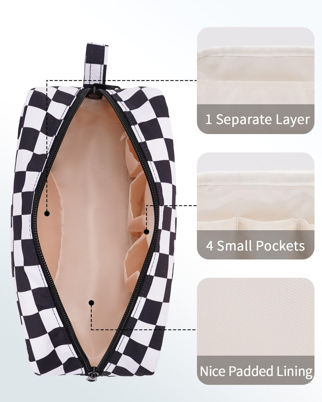 Narwey Checkered Makeup Bag, Travel Cosmetic Bag Organizer, Toiletry Bag Make Up Bags with Organized Pockets for Women (Black Checkerboard, Large)