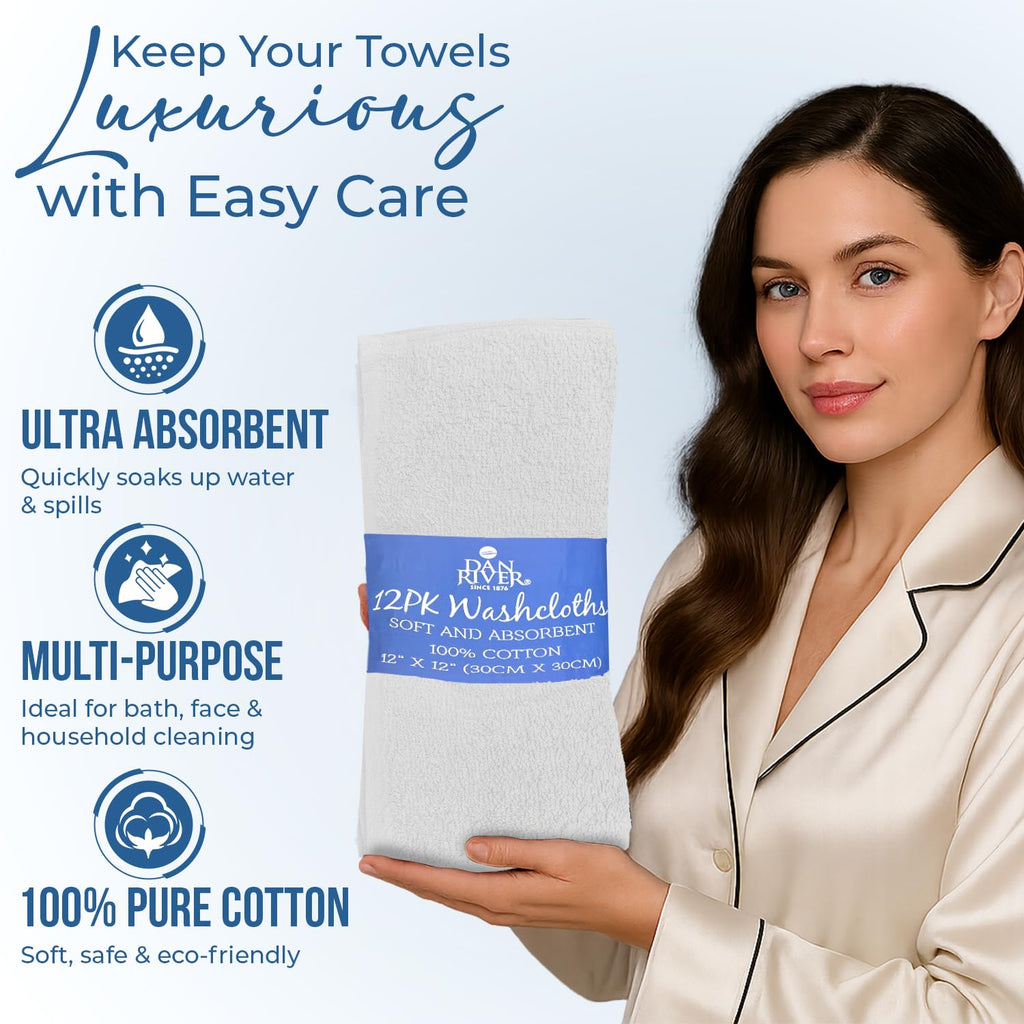 DAN RIVER 12 Pack Cotton Wash Cloths Set for Showering [12x12] White