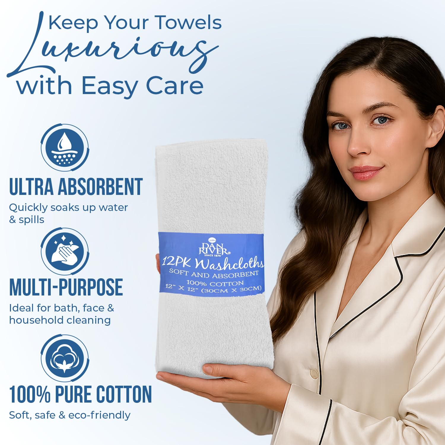 DAN RIVER 12 Pack Cotton Wash Cloths Set for Showering [12x12] White