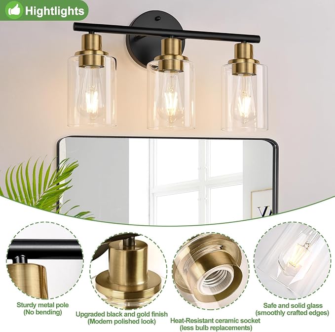 Zarbitta 3-Light Bathroom Light Fixtures, Black and Gold Bathroom Wall Lights, Modern Vanity Light with Clear Glass Shade, Bathroom Wall Lamp for Mirror Kitchen Bedroom Hallway Cabinet