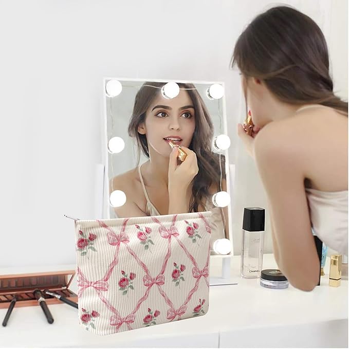Gardsell Cosmetic Bags for Women - Corduroy Cosmetic Bag Aesthetic Women Handbags Purses Smile Dots Makeup Organizer Storage Makeup Bag Girls Case Bags (Flowers-Bow)