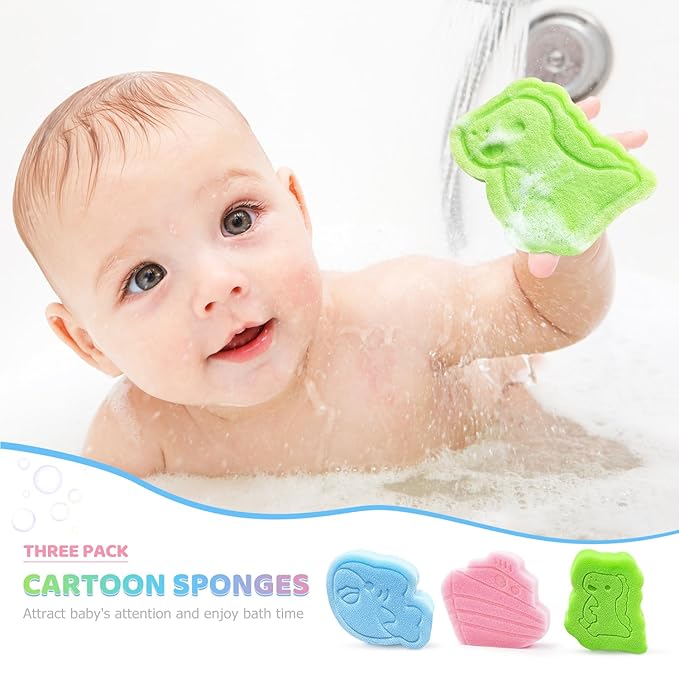 DANCELF Baby Bath Sponge, Natural Cute Shapes Soft Shower Sponges for Bathing, Bathtub Foam for Infants and Toddler, 3pcs: Blue Whale, Pink Ship, Green Dinosaur