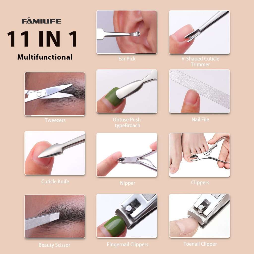 FAMILIFE Stainless Steel Manicure Set 11-in-1 Professional Nail Clipper Kit