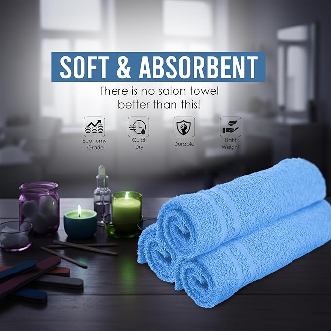 STF Linen Hand Towels (Pack of 24) Light Blue Economy Salon Towels - 100% Cotton Spa Towel– 16 x 27 Inches Highly Absorbable, Facial, Gym, Hair Towels Face Towels Bulk