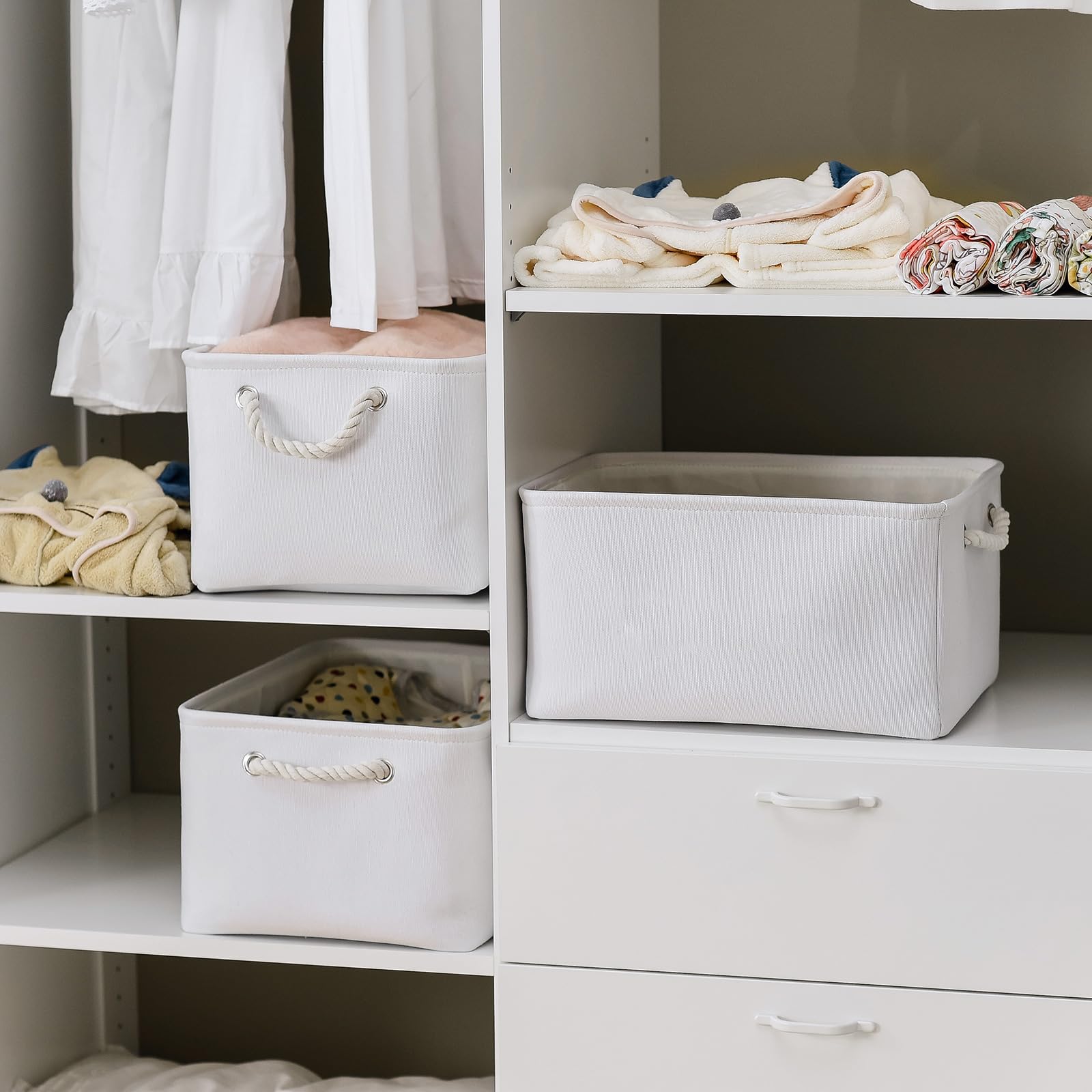 TheWarmHome Storage Basket for Gifts Empty - Large 3 Pack 15.7x11.8x8.2 inch Storage Basket for Organizing with Handles, Canves Storage Bins for Organizer Closet Toy Cubes Gift (White)