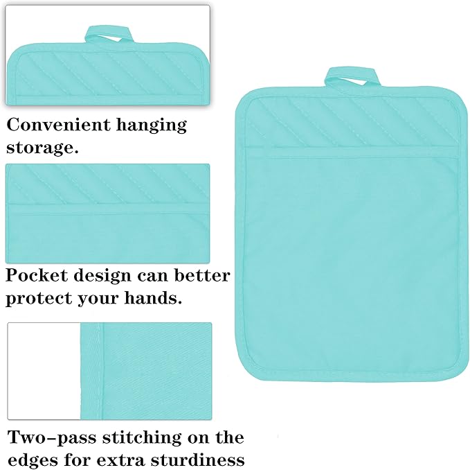 VEIKERY Oven Pot Holder with Pocket Cotton Heat Resistant Coaster Potholder Kitchen Hot Pad Oven Mitts for Cooking Square 7"x9" Set of 3 (Aqua)