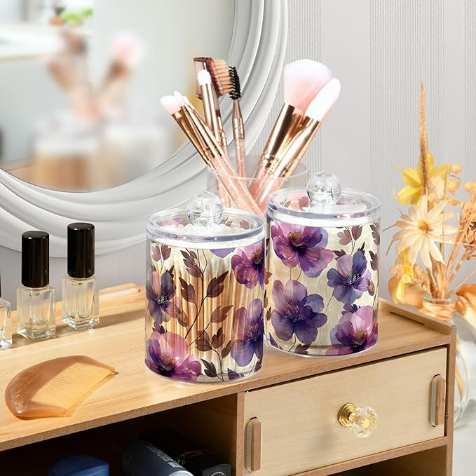 ALAZA 2 Pack Qtip Holder Dispenser for Cotton Ball Purple Tulip Flower Beige Swab Cotton Round Pads Clear Plastic Acrylic Jar Set Bathroom Canister