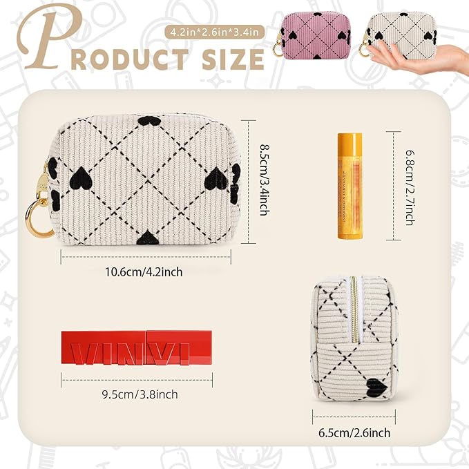 Playexen Mini Cosmetic Bag, Corduroy Small Makeup Bag for Purse, H-Pink