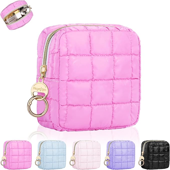 Playexen 4.9" Puffy Small Makeup Bag, Cute Quilted Cosmetic Bag for Purse, Mini Travel Toiletry Organize Pouches for Women, Birthday/Wedding/Christmas Gifts (Rose Red)