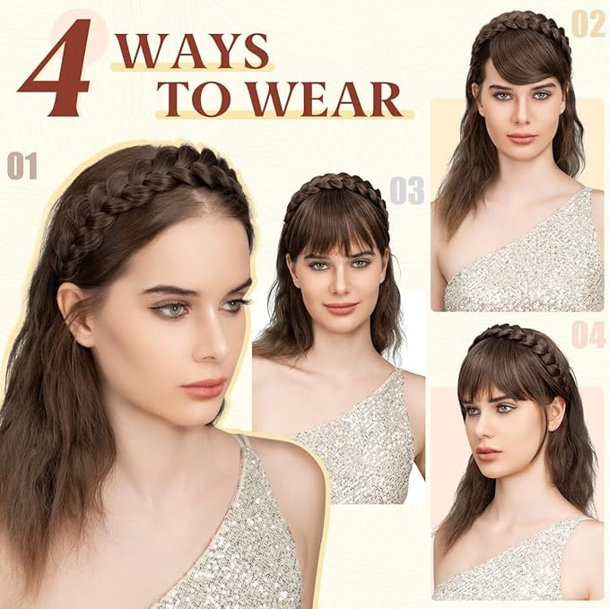 SARLA Braided Headband with 3 Detachable Clip in Bangs Fringe Hairpieces Fake Synthetic Hair Band Bangs for Women Coffee Brown