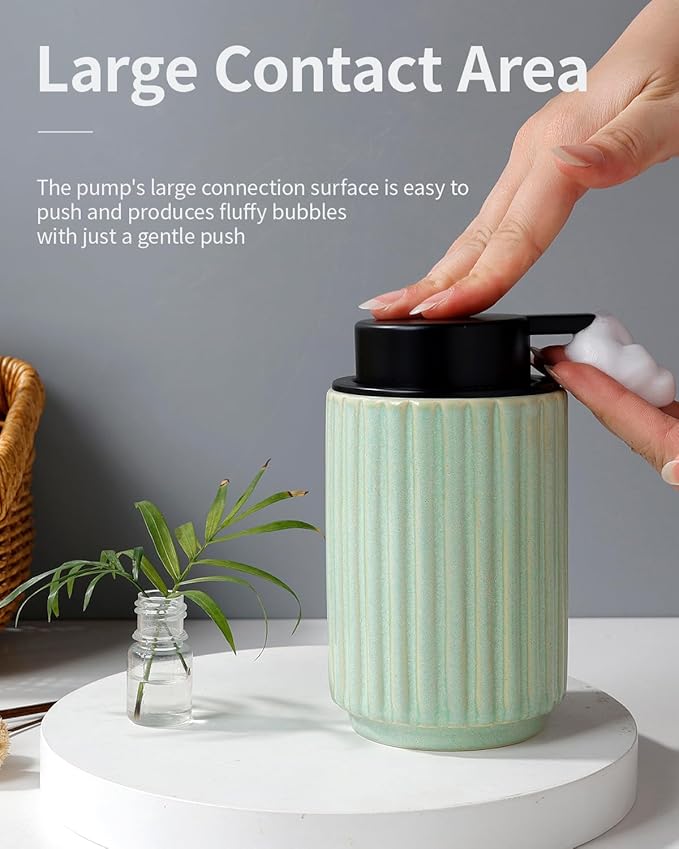 Foaming Soap Dispenser, Green Ceramic Refillable Foam Hand Soap Pump for Bathroom Kitchen, 10.5OZ Lotion Dispenser, Foaming Dish Soap Dispenser, Modern Stripe Design, ANTIS'S HOME