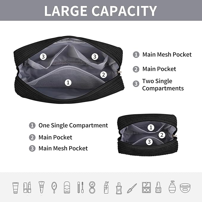 MAGEFY Makeup Bag 2 Pcs Corduroy Cosmetic Bag Mini Big Makeup Bags for Women Travel Pouch with Slip-in Pockets(Black)