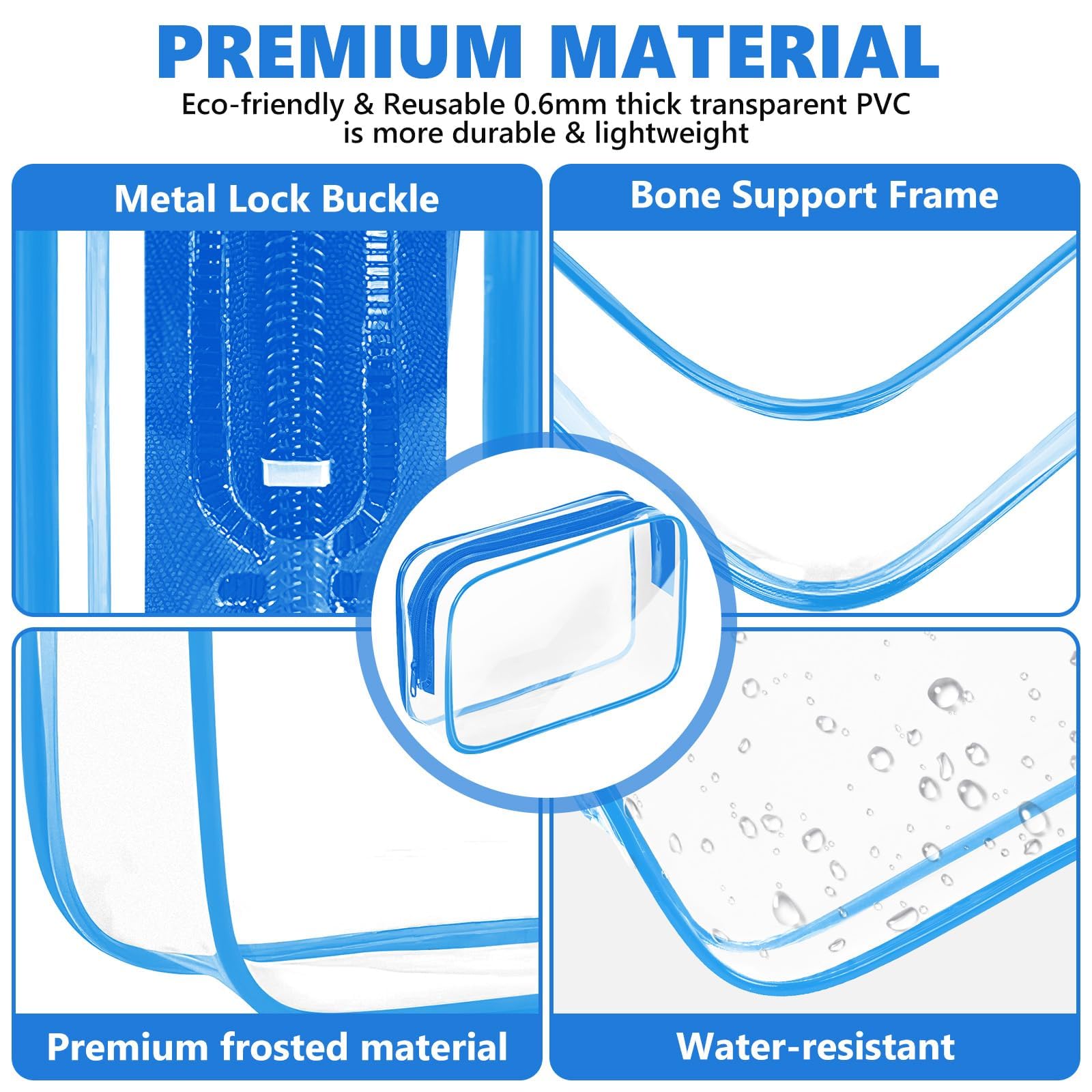 AURUZA Clear Makeup Bag,Portable Travel Toiletry Bags with Zipper, TSA Approved Clear Organizer Bags, PVC Cosmetic Pouch for Airport Airline Compliant (4 Packs Blue)