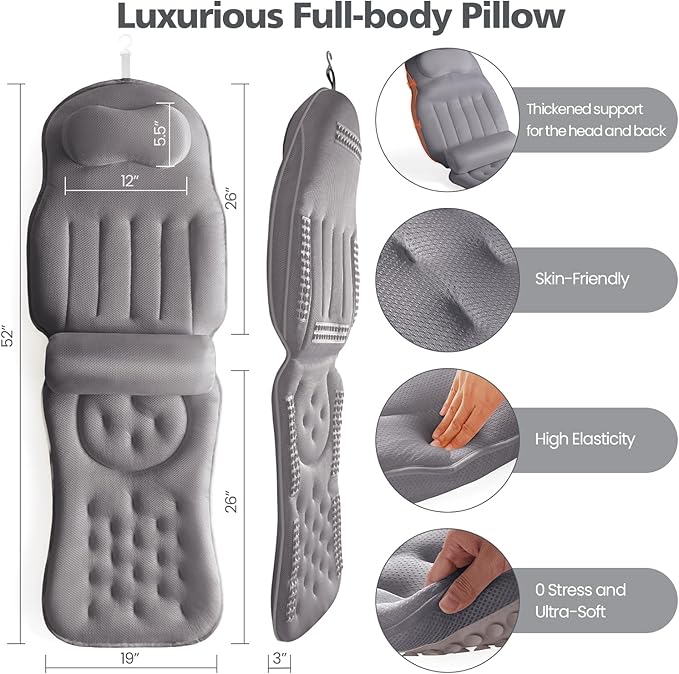 Full Body Bath Pillow for Bathtub,Thick Bathtub Cushion Soft 5D Mesh Spa Cushion,Luxury Tub Pillow with Laundry Bag for Headrest Neck and Back Support,Gift for Soaking (Gray)
