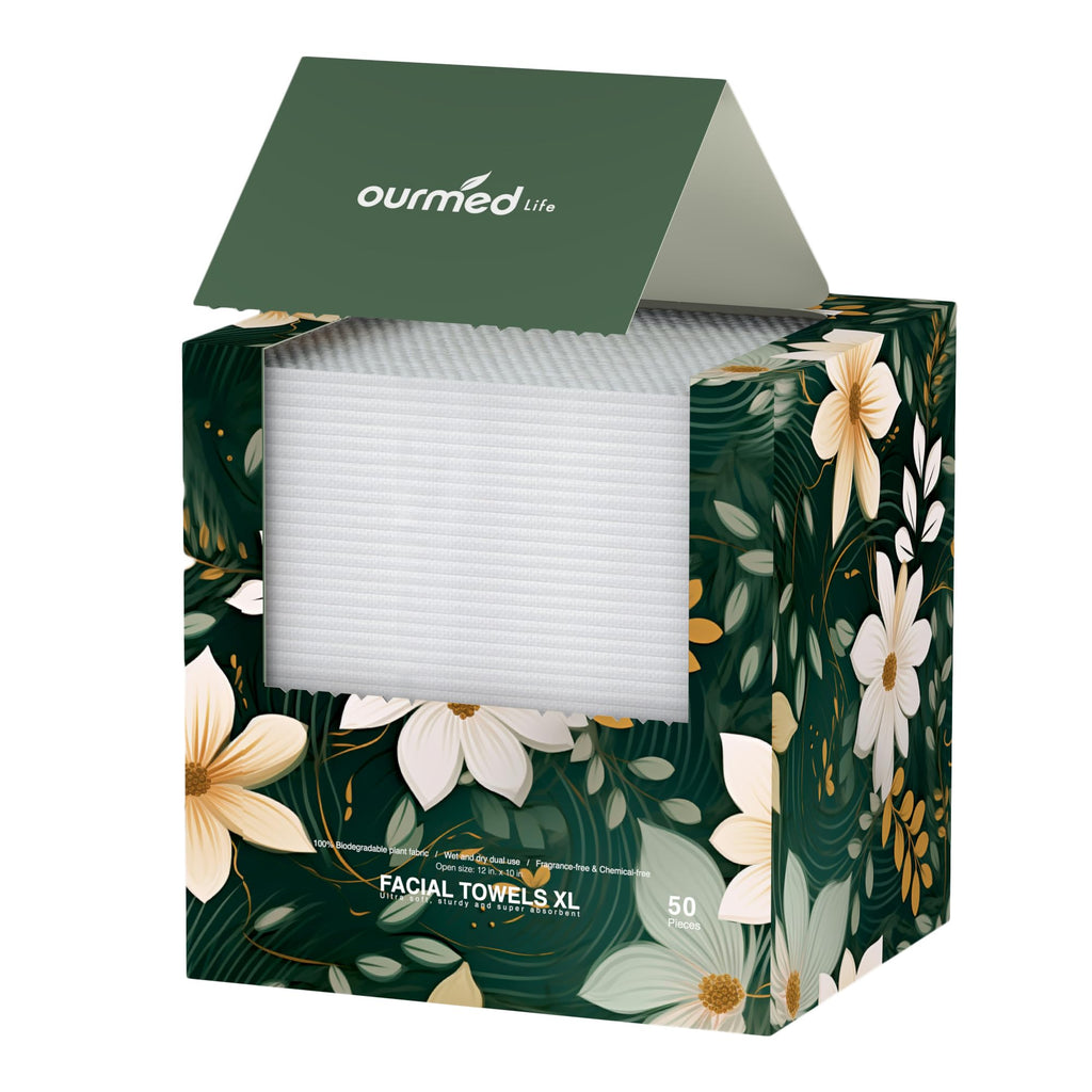 Ourmed Life Disposable Face Towels, 12 x 10 Inch Extra Large Biodegradable Facial Towels, Dual-Sided Pearl Texture Lint-Free Dry Wipes for Sensitive Skin, Makeup Removal, Cleansing & Skincare, 50 Ct