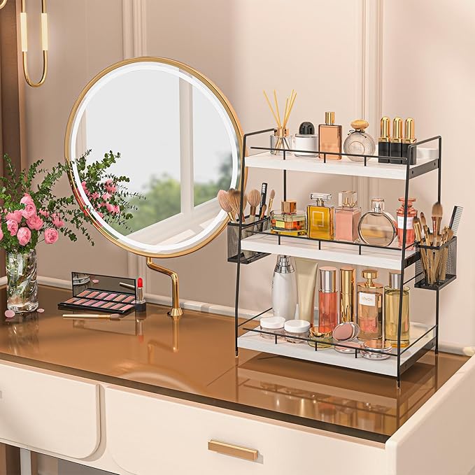 BSTSLL Bathroom Counter Organizer,Bathroom Countertop Organizer with Baskets,Vanity Organizers,Counter Shelf,Countertop Storage, Makeup Organizers(White)