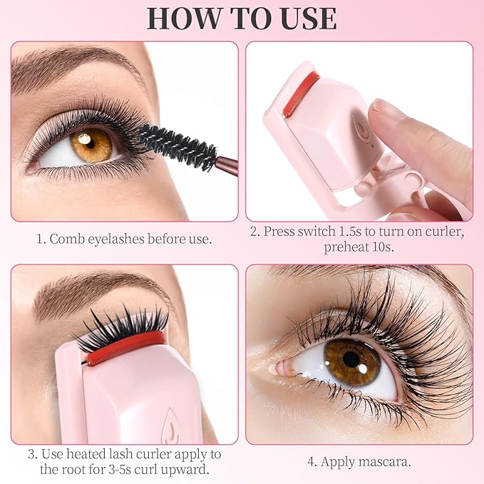 Heated Eyelash Curler, Rechargeable Electric Eyelash Curlers Fast Heat Up in 5s for 24 Hours Long Lasting, C-Shaped Safe Anti-Burn Quick Natural Eyelash Separator Tool Lash Comb (Pink)