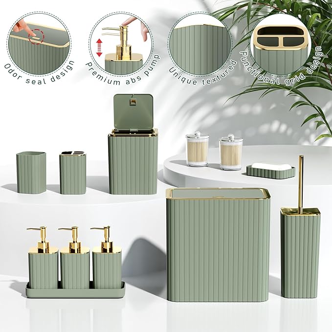 InnJoey Bathroom Set - Bathroom Sets with Shower Curtain and Rugs, Sage Green Bathroom Set, 27PC Bathroom Accessories Set, Mini Trash Can, Toilet Brush, Trash Can & Soap Dispenser