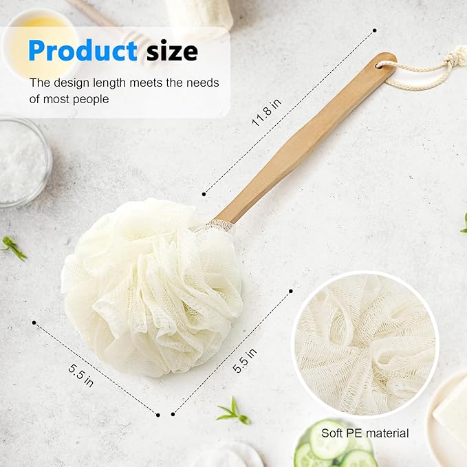 FORENEE White Loofah on a Stick, PE Mesh Back Scrubber with Wood Handle