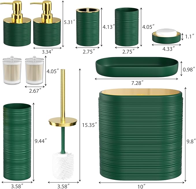 InnJoey Bathroom Set, 10PC Bathroom Accessory Set, Green Bathroom Accessories, Green and Gold Bathroom Set with Trash Can, Soap Dispensers