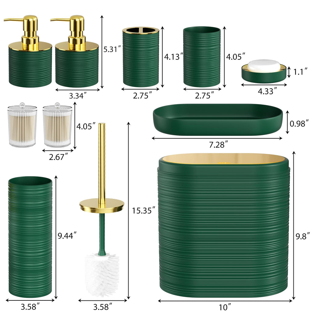 InnJoey Bathroom Set, 10PC Bathroom Accessory Set, Green Bathroom Accessories, Green and Gold Bathroom Set with Trash Can, Soap Dispensers