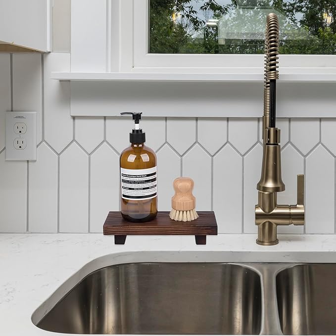 Bathroom Counter Organizer Wood Pedestal Stand Farmhouse Decorative Tray Soap Holder for Kitchen Decor, Small, Dark Brown