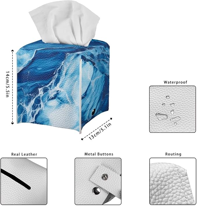Blue Marble Tissue Box Cover Modern Square Tissue Box Organizer Decorative PU Leather Facial Paper Holder for Bathroom Vanity Countertop Bedroom Dresser Office Desk