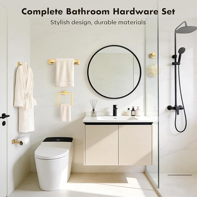 Bathroom Accessory Towel Bar Set: 10 Pieces Gold Bathroom Hardware Square SUS304 Stainless Steel - Wall Mounted Towel Rack&Toilet Paper Holder&Towel Ring and Towel Hook