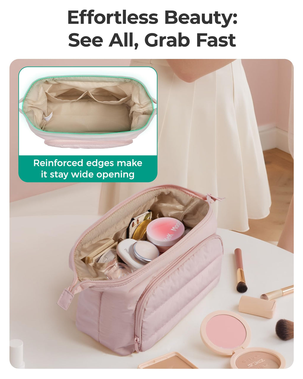 BAGSMART Travel Makeup Bag, Cosmetic Bag Small Make Up Organizer Case,Wide-open Pouch for Women Purse for Toiletries Accessories Brushes,Large Beige