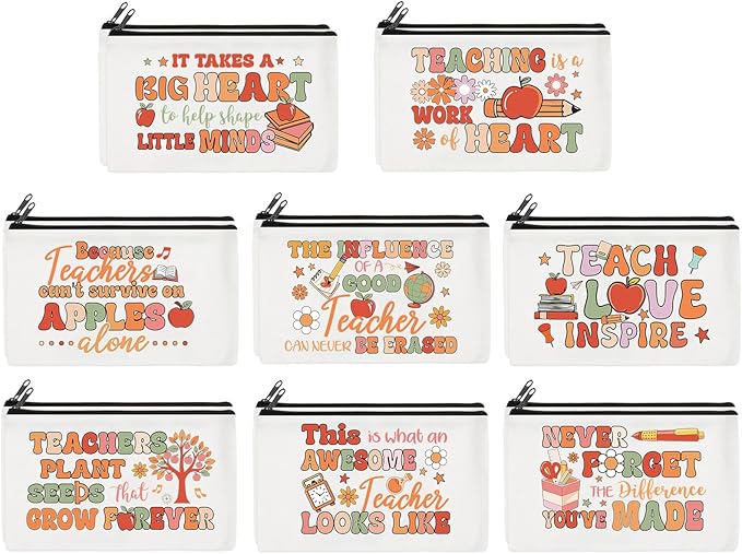 Yahenda 16 Pcs Graduation Canvas Makeup Bags Bulk for Women Appreciation Inspirational Gifts Cosmetic Zipper Pencil Pouch Travel Toiletry Bag for Teacher Birthday Mother's Day(Boho Teacher)