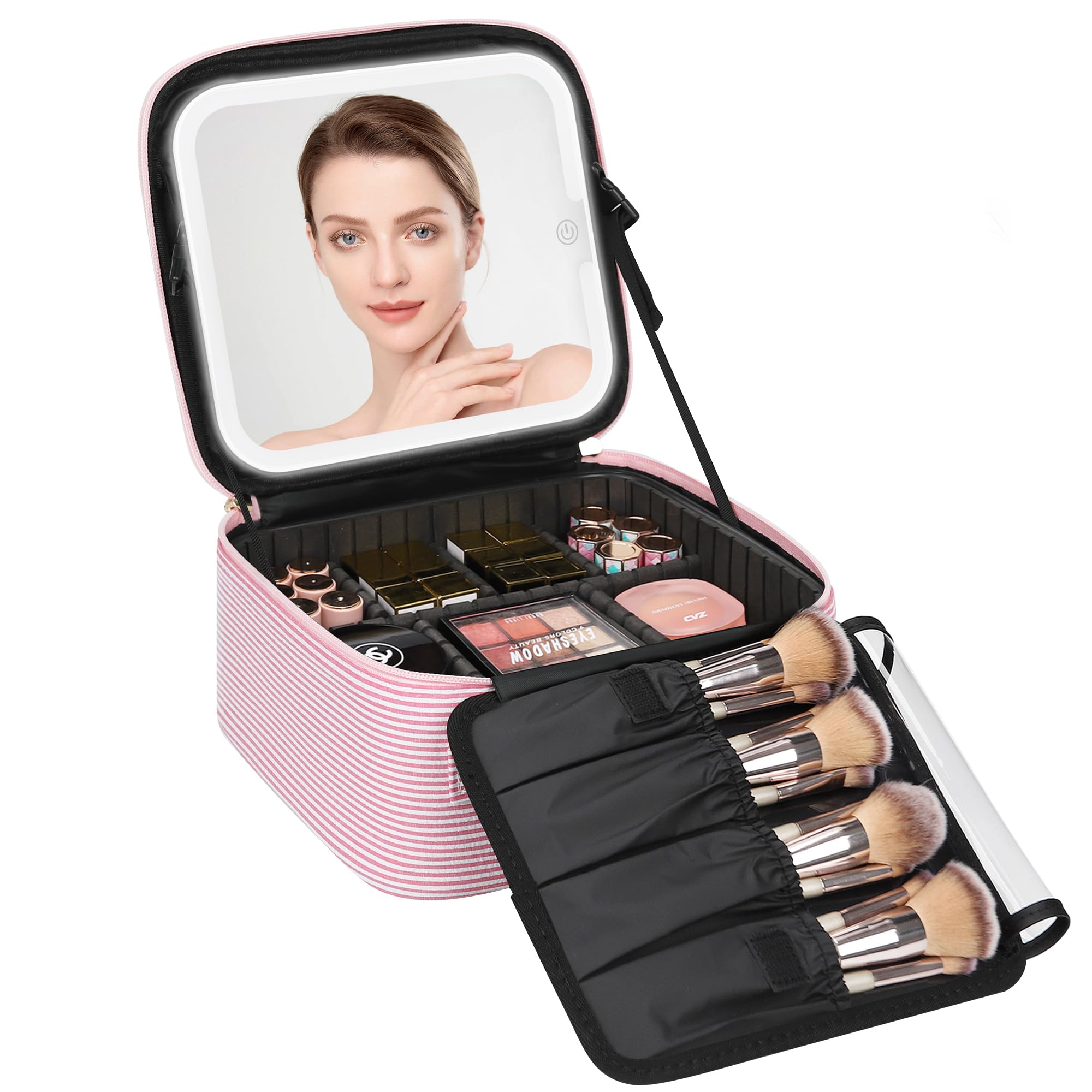 Relavel Travel Makeup Bag With LED Mirror, Portable Cosmetic Bag Organizer with Adjustable Brightness in 3 Color Scenarios, Small Cute Train Case with Detachable Dividers for Trip- Pink Strip